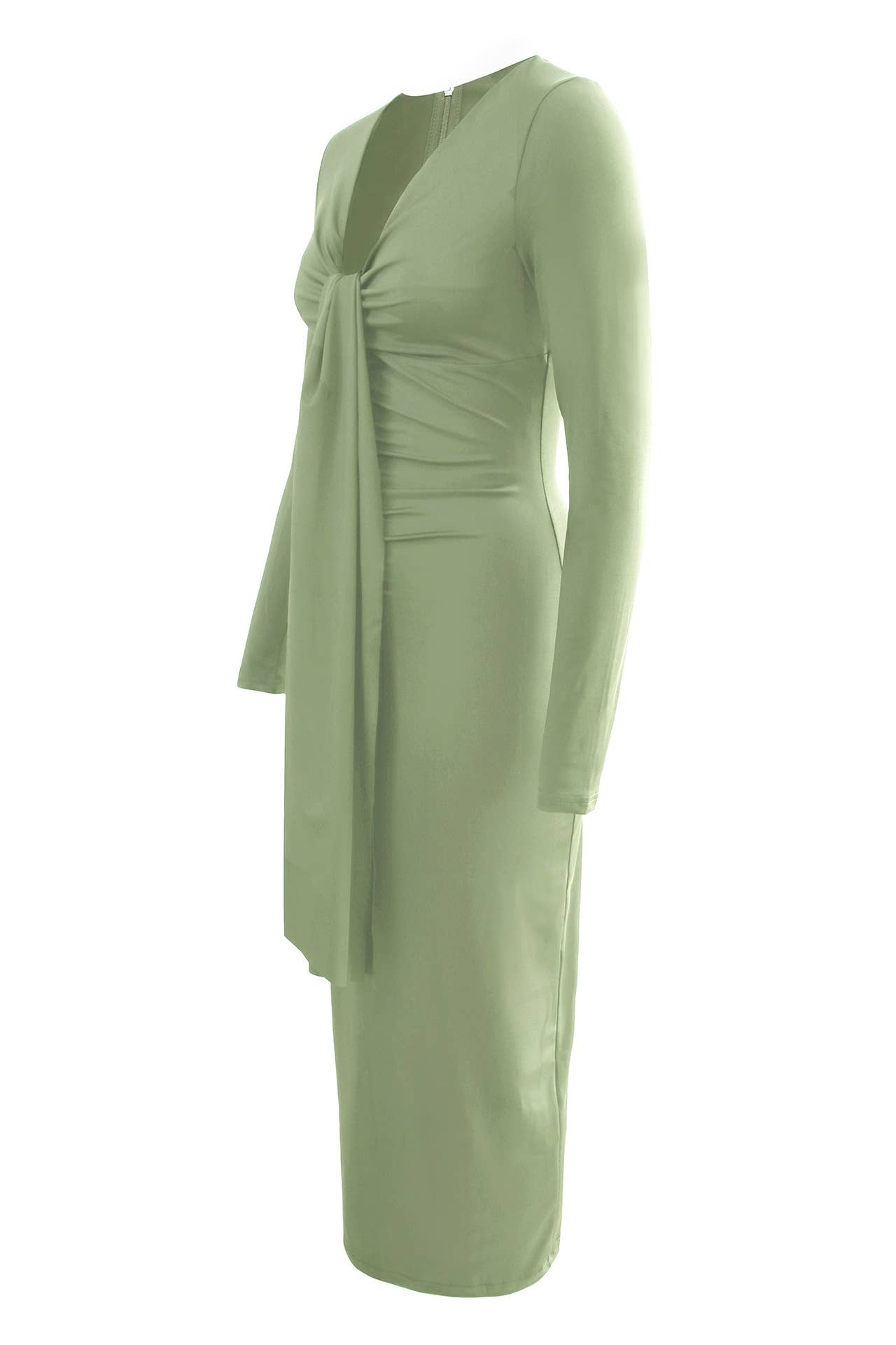 LONG SLEEVE V-NECK WAIST PLEATED LONG DRESS