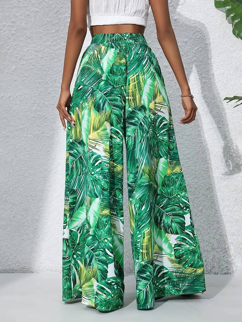 Plant-printed high-waisted wide-leg trousers