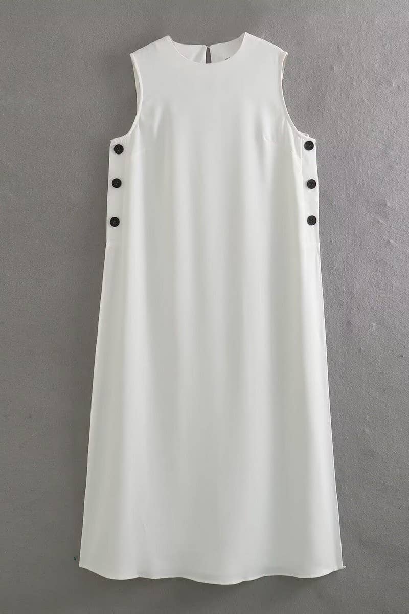 CWDMD2734_SOLID COLOR ROUND NECK SLEEVELESS SLIT LONG DRESS