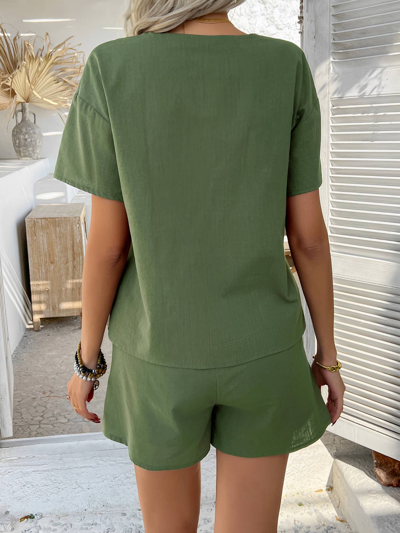 V-neck cardigan shorts loose two-piece set