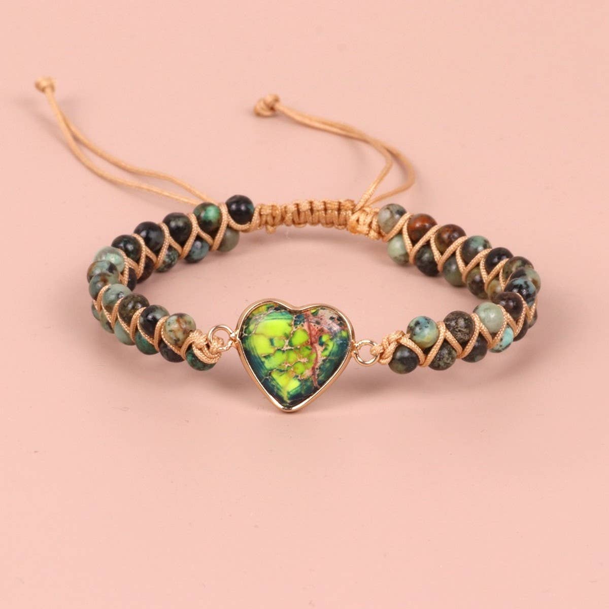 HEART SHAPED CHARM NATURAL STONE WOVEN BRACELET