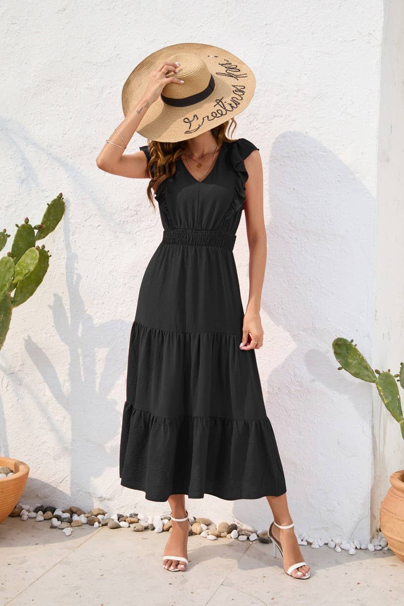 CWDMD2144_V-NECK HIGH-WAISTED CAKE DRESS