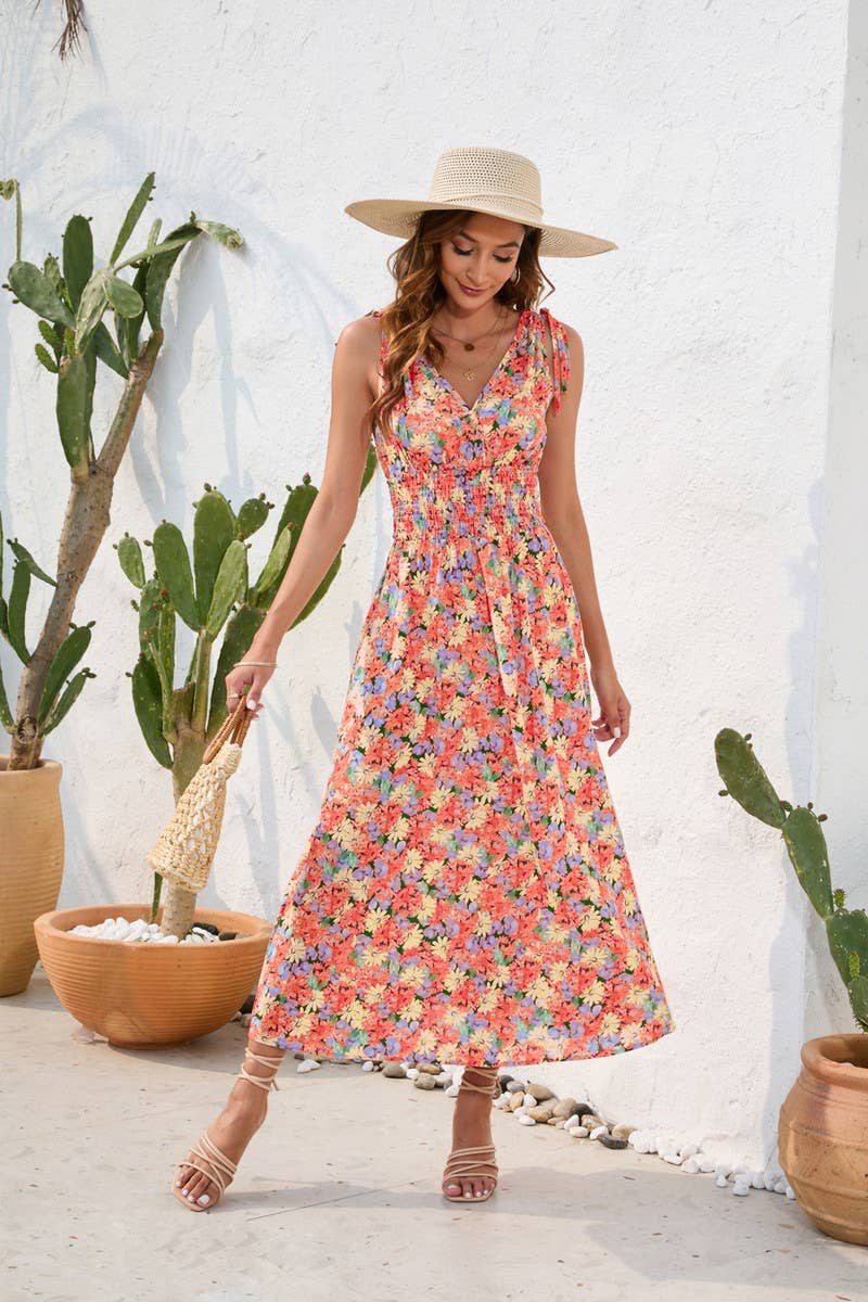 CWDMD2143_FLORAL PRINT WAISTLINE V-NECK HALTER DRESS