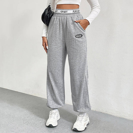 SOLID COLOR SLIM BAGGY WIDE LEG LABEL SWEATPANTS