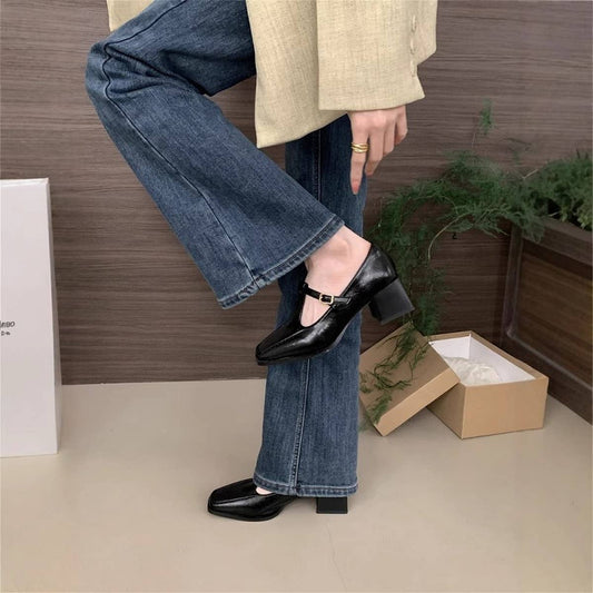 Silver Mary Jane Shoes Women Chunky Heel