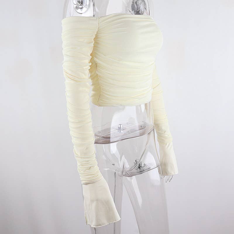 Sexy Off-Shoulder Mesh Bell Sleeve Crop Top