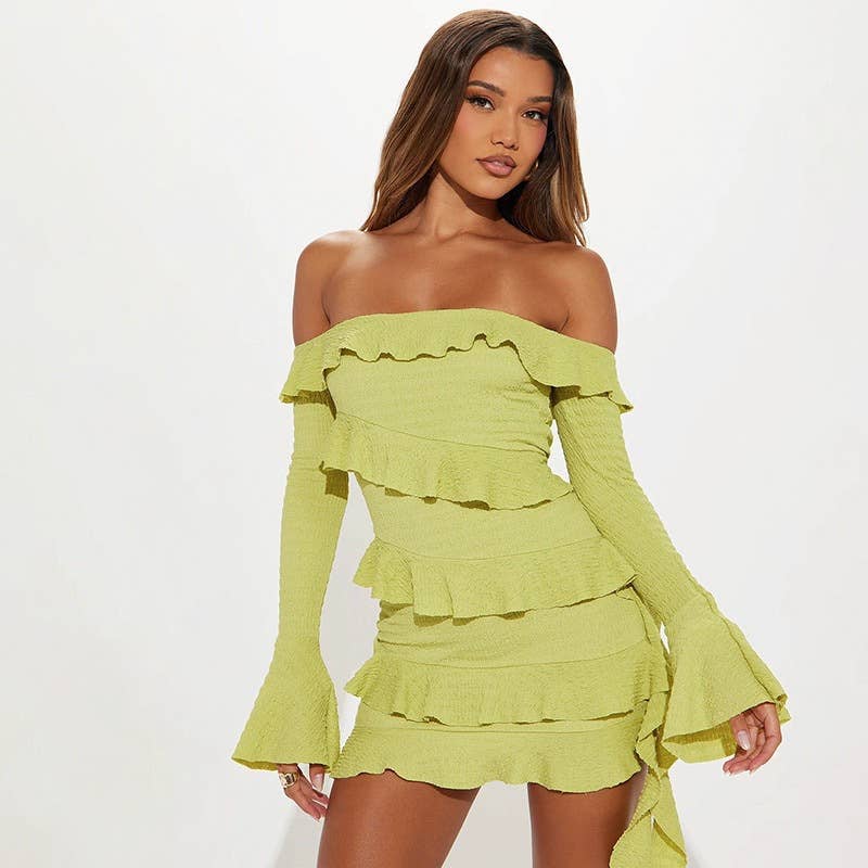 One-shoulder ruffled flared sleeve ribbon dress