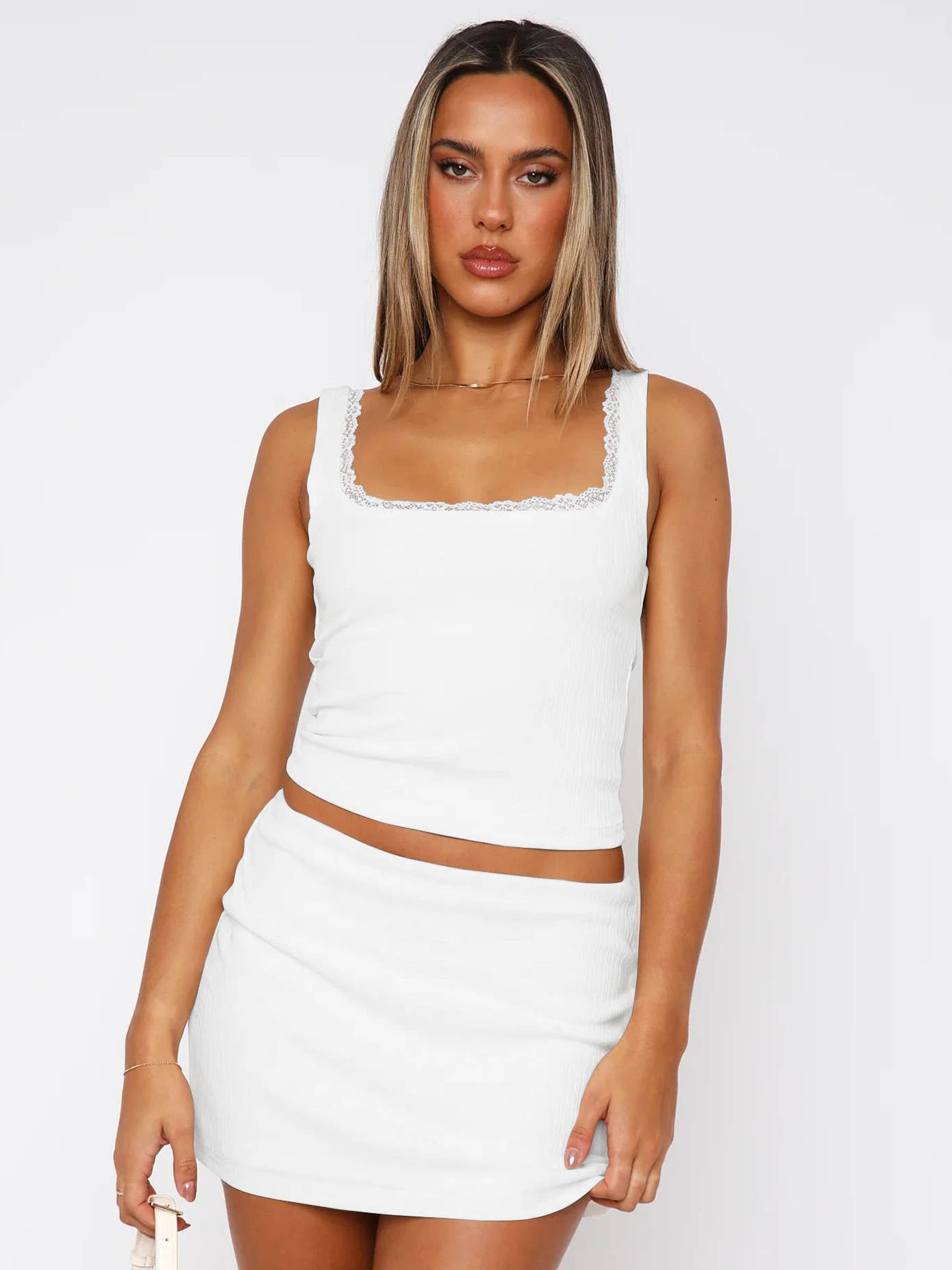 Solid color sexy lace strap square collar vest