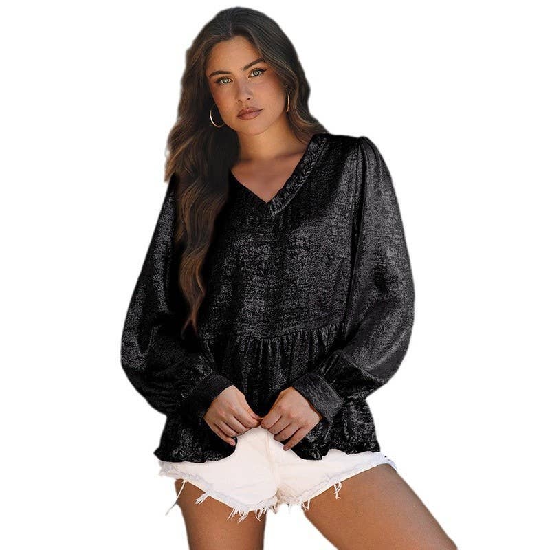 SOLID COLOR RUFFLED V-NECK BUBBLE SLEEVE PULLOVER