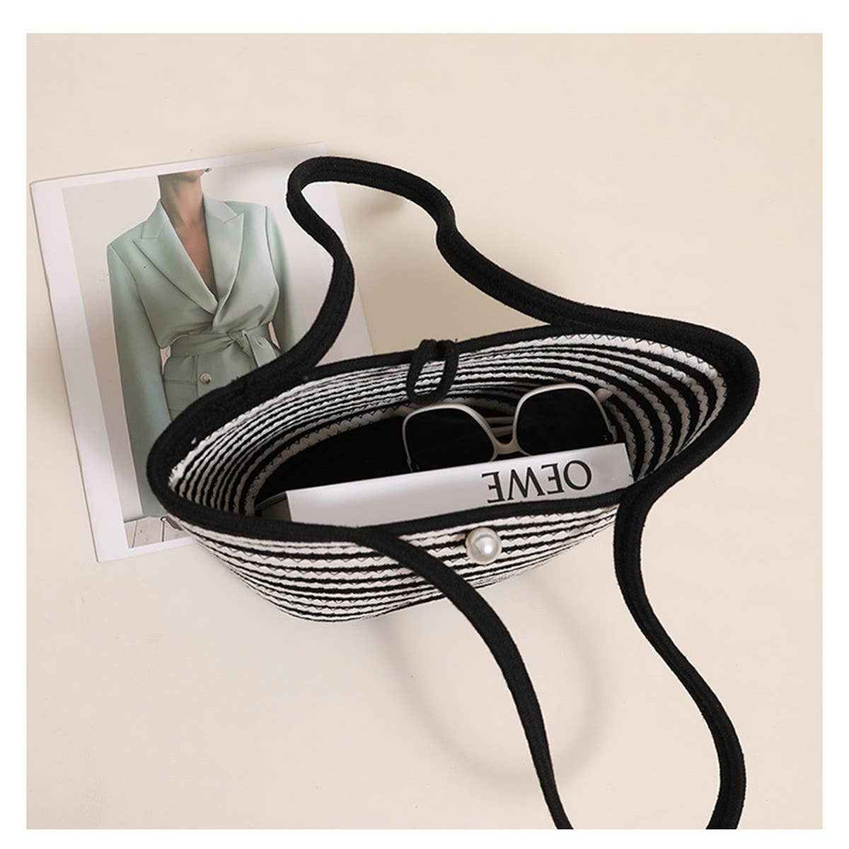 LARGE CAPACITY STRIPED SHOULDER BAG STRAW BAG_CWAB1882