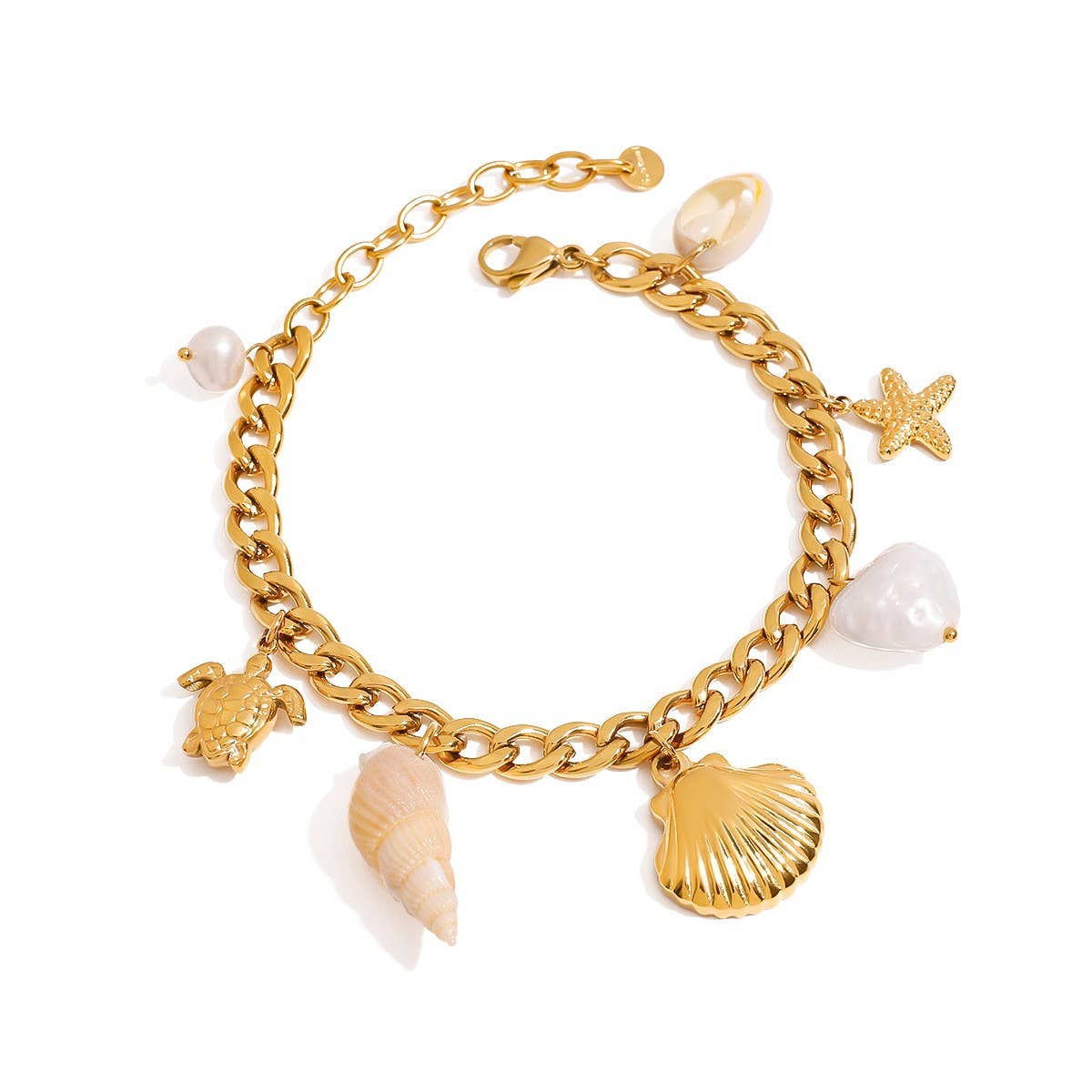 18K Gold Shell, Conch & Starfish Pendant Bracelet_CWAJE4850