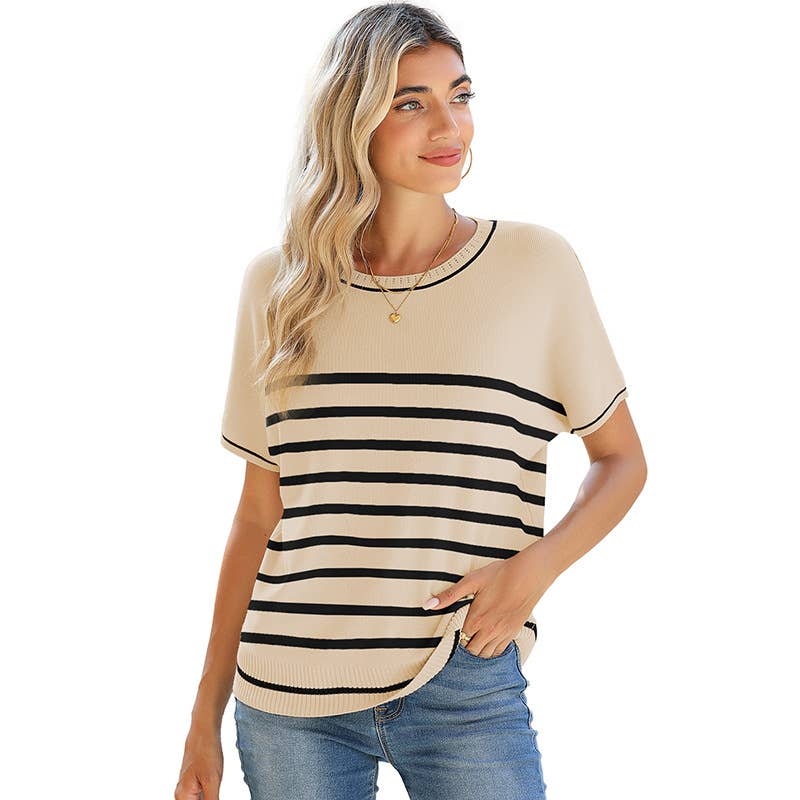 Round-neck,short-sleeved, color-blocked sweater