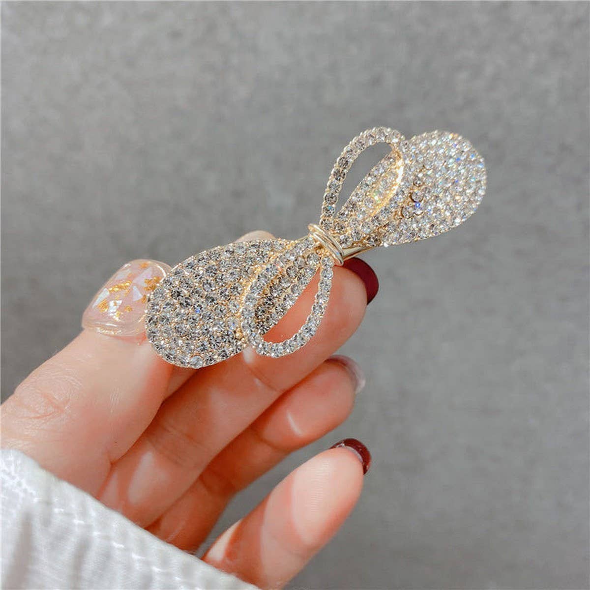 RHINESTONE BOW PEARL DOUBLE LAYER HAIR CLIP