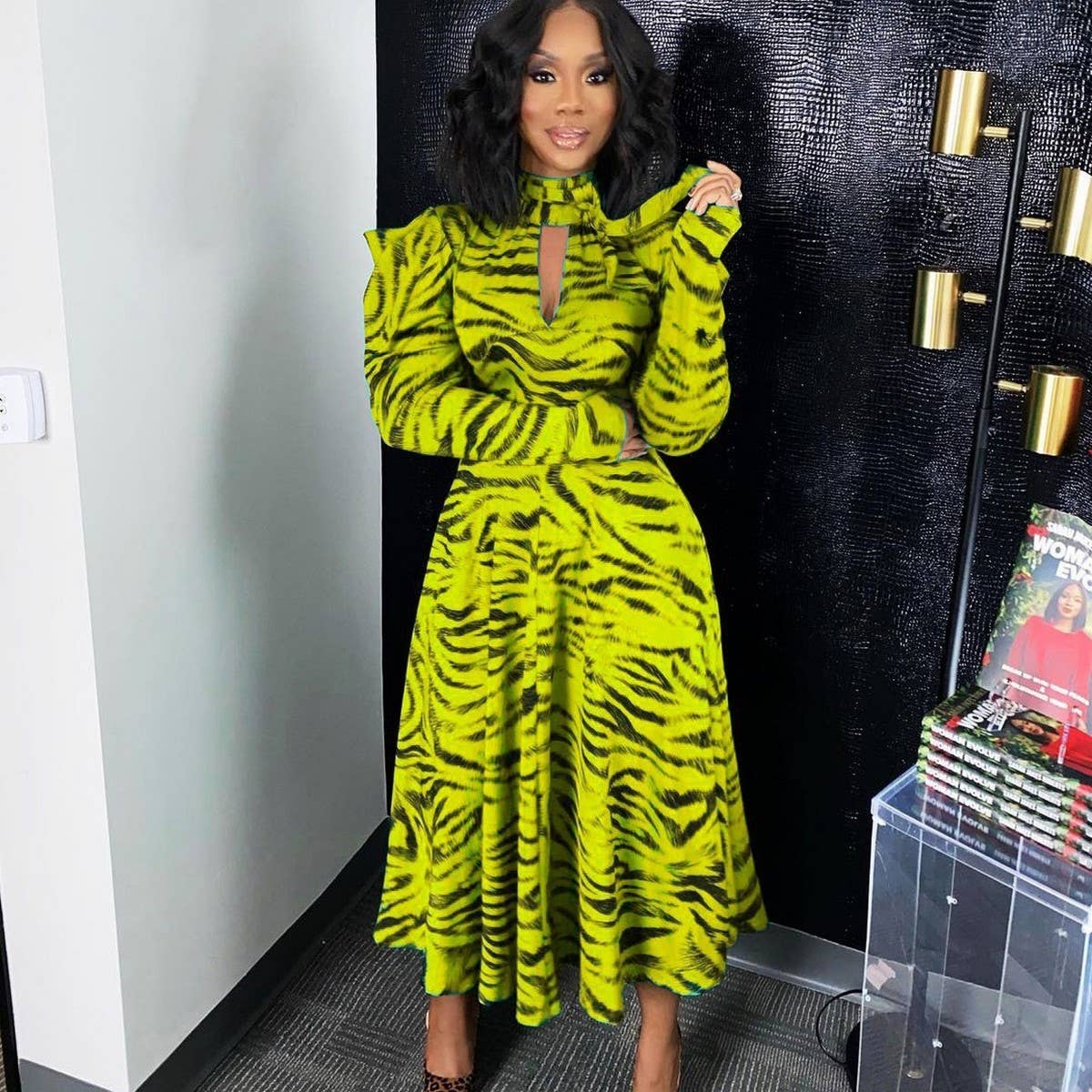 LONG-SLEEVED HIGH-WAISTED OVERSIZED PRINTED DRESS