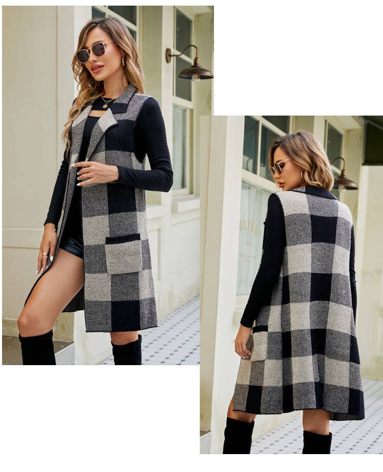 SLEEVELESS COAT PLAID JACQUARD KNIT CARDIGAN