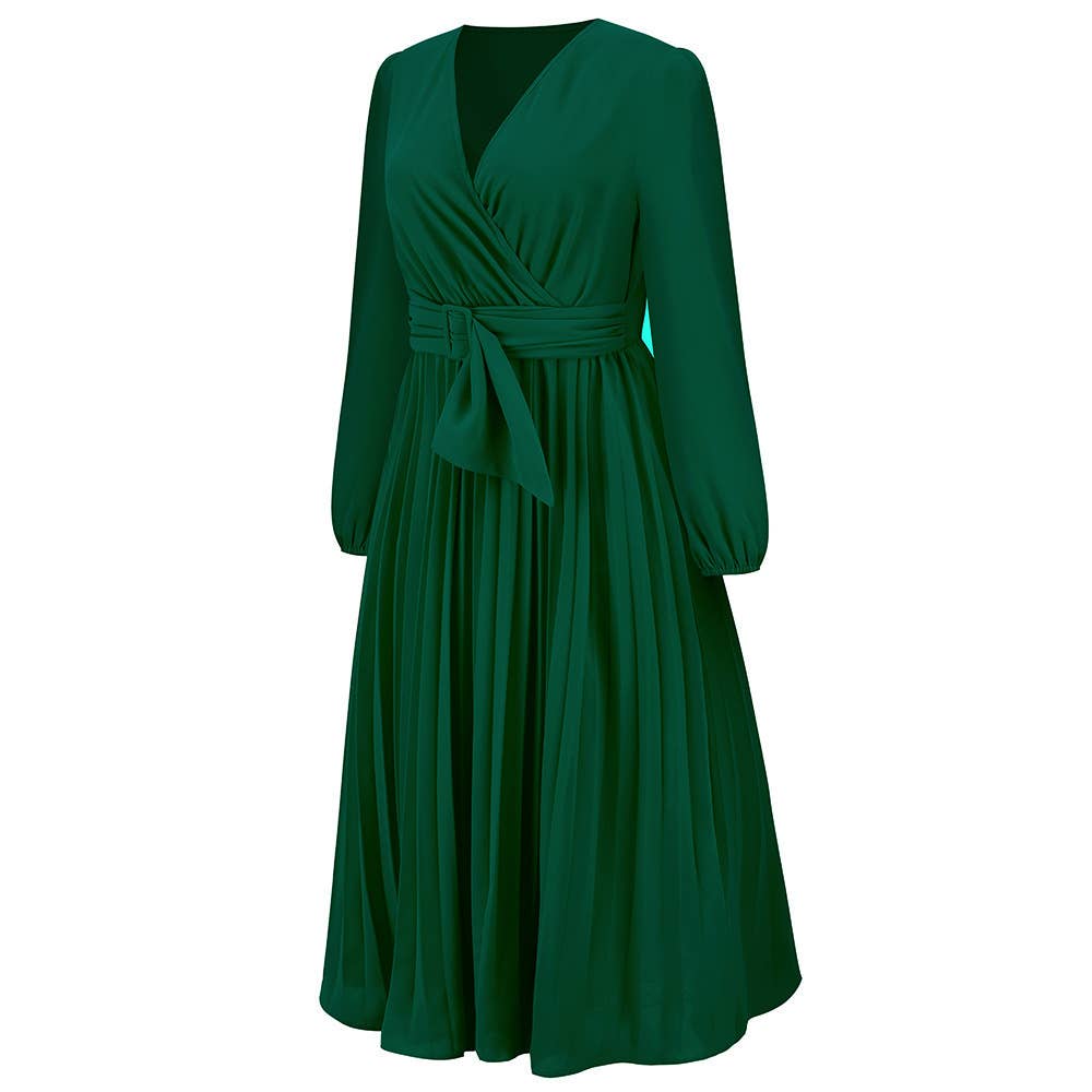 LONG SLEEVE PLEATED BELT SOLID COLOR V-NECK DRESS