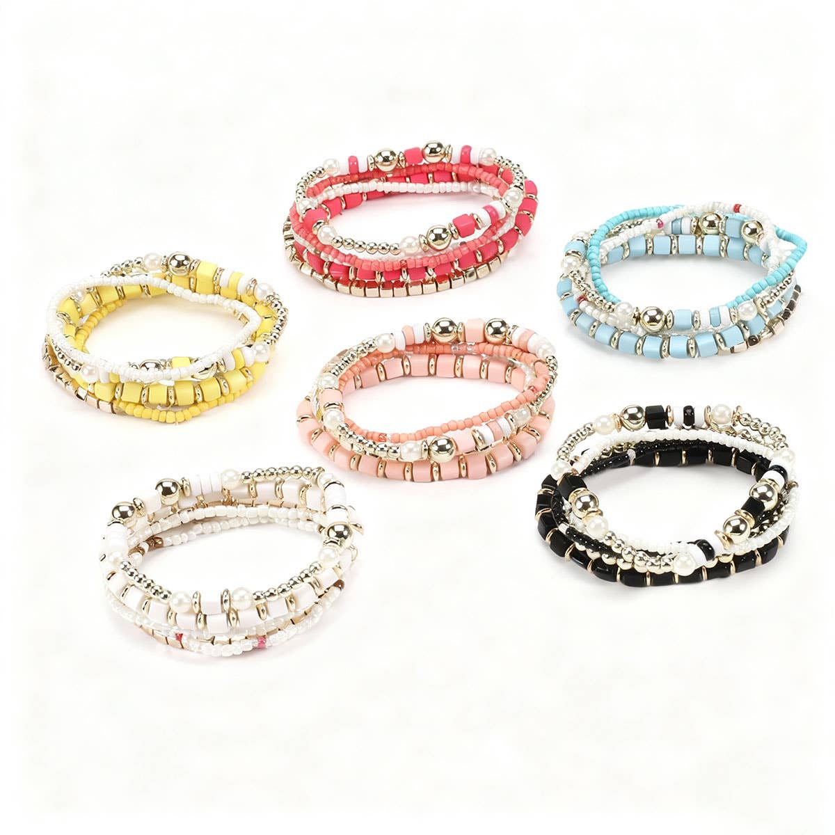 CWAJE05699_BOHO MULTI STRAND BEADED PEARL ELASTIC BRACELET