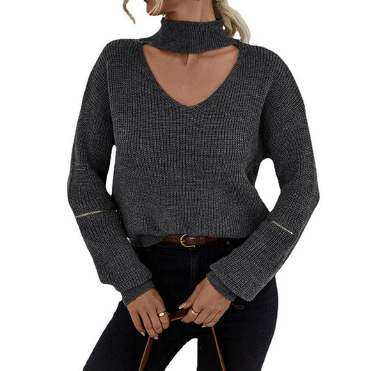 Turtleneck cutout long-sleeved zip-up sweater