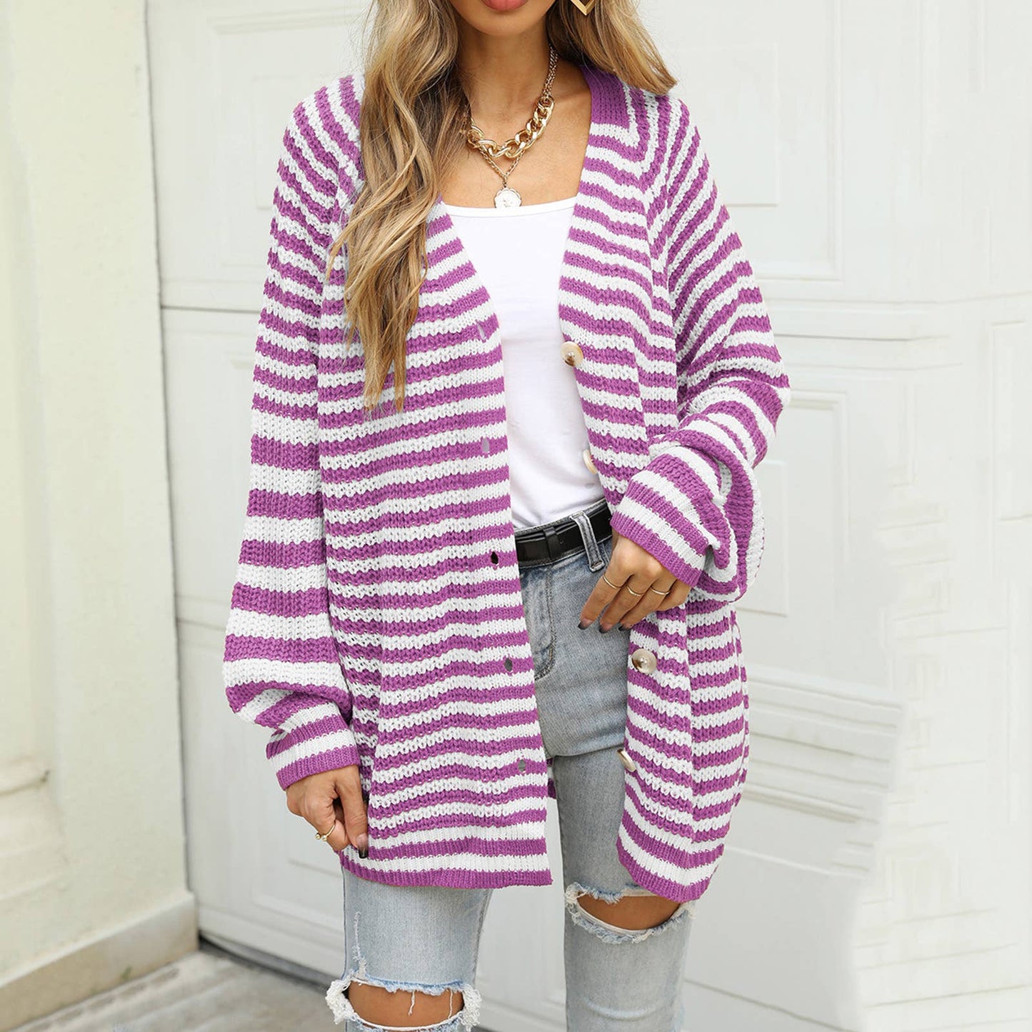 Single breasted loose striped cardigan knit coat