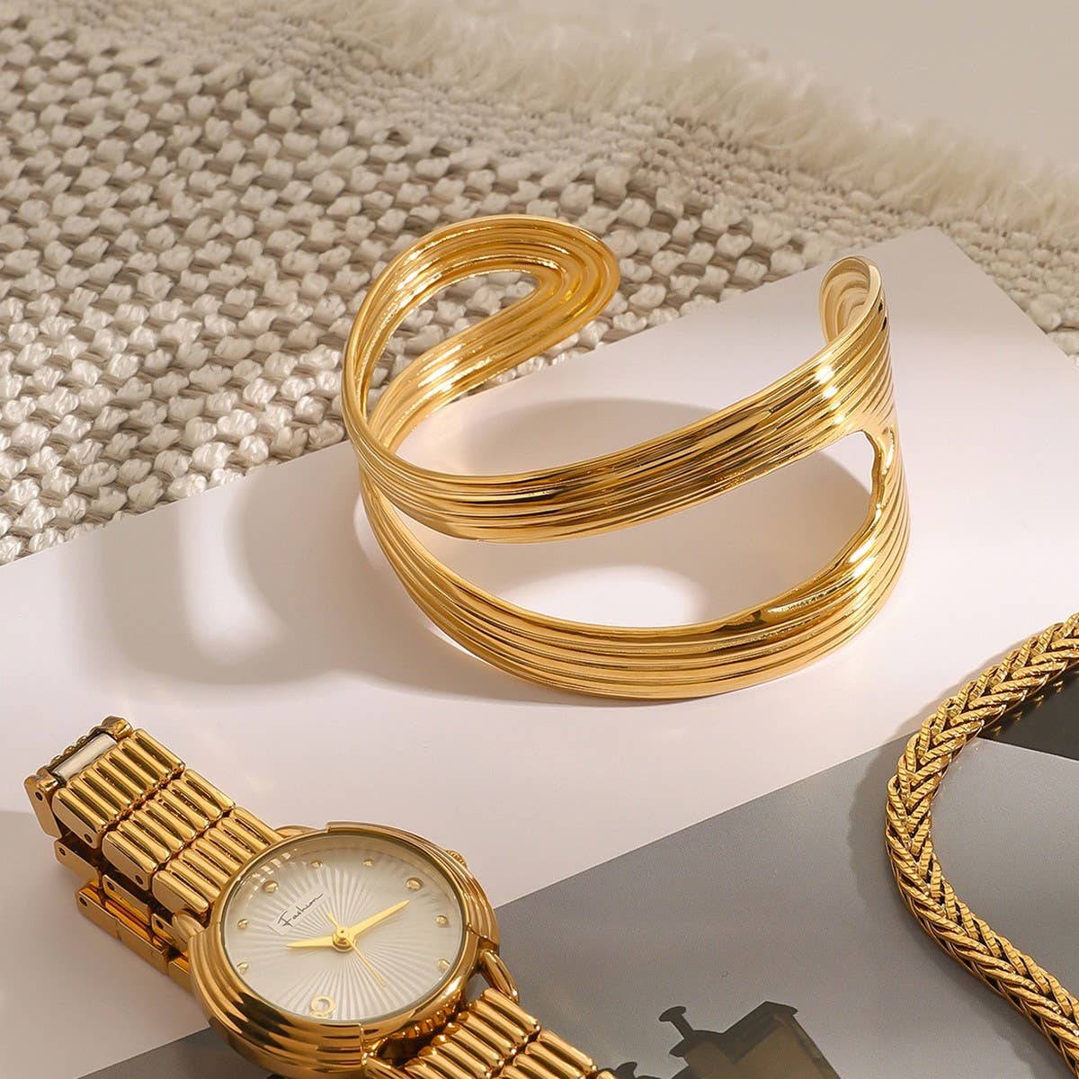 Trendy Double Layer Ribbed Open Bangle, 18K Gold