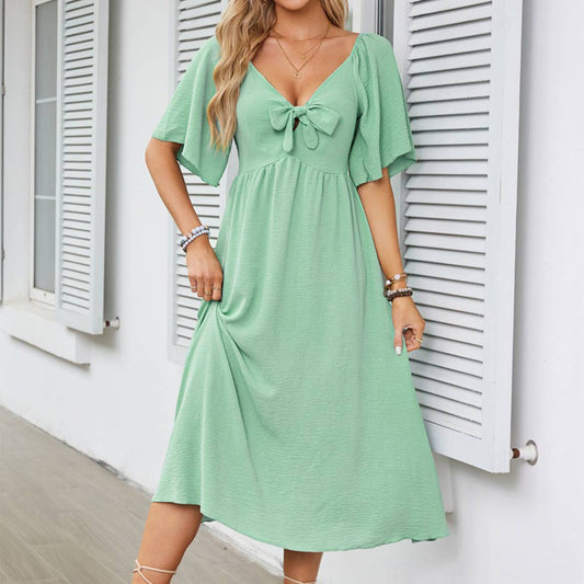 V-neck bow pleated mid-length short-sleeved dress