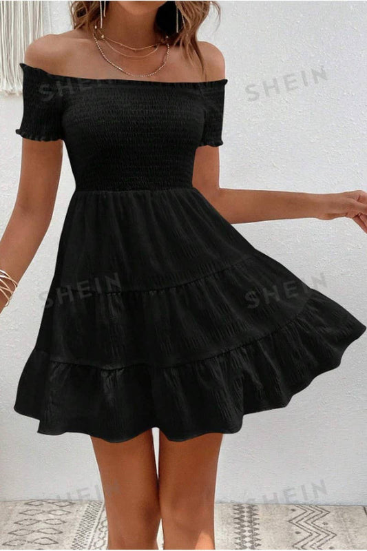 CWDSD8535_OFF SHOULDER RUFFLE TRIM PATCHWORK DRESS