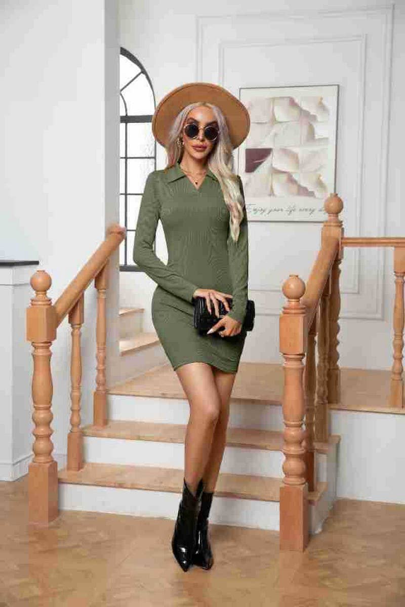 CWDSD7334_LAPEL LONG-SLEEVED RIBBED HIP DRESS