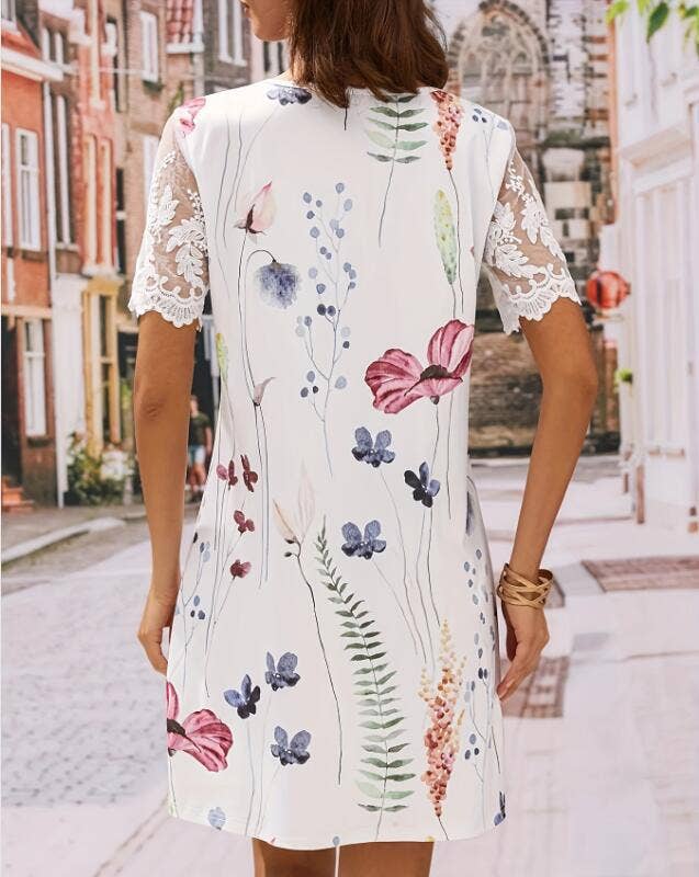 Square collar lace patchwork floral loose dress