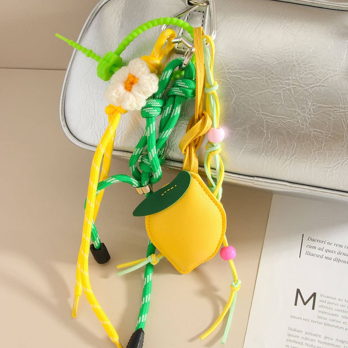 Lemon PU Charm Keychain with Beads & Flowers