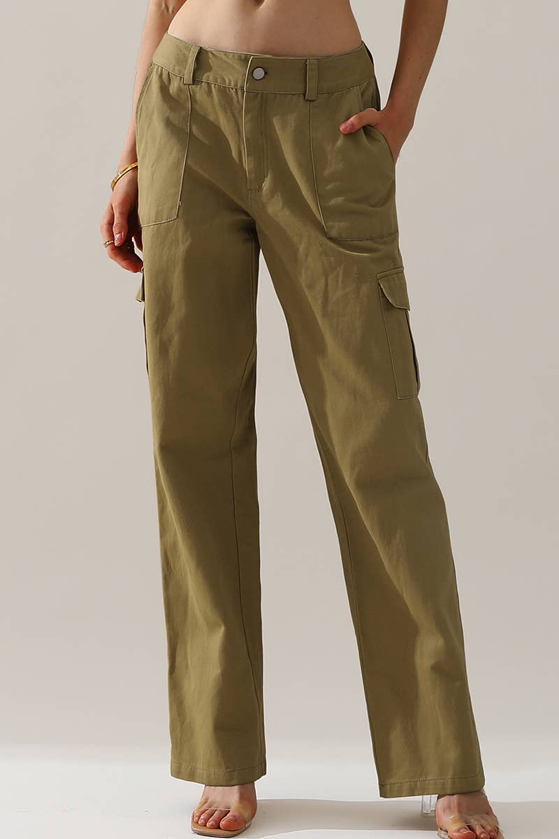 CWBLP421_Cargo Cotton Pants Wide Leg Casual Pants 4 Pockets