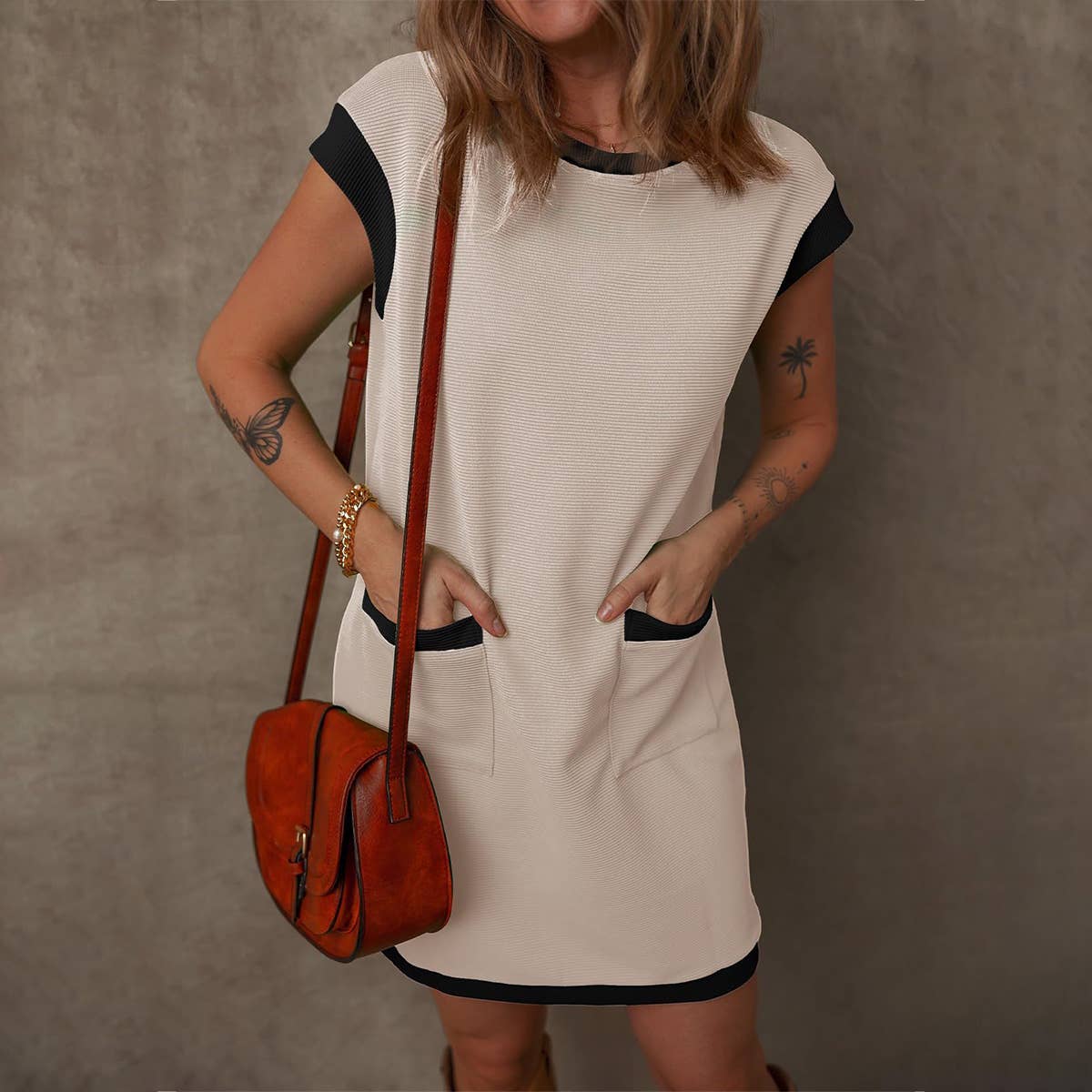 Women¡¯s colorblock pocket sleeve mini dress