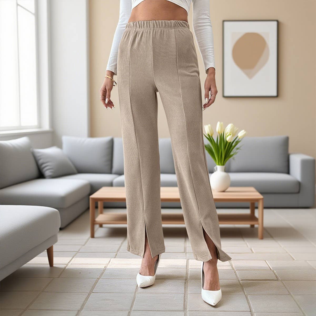 Solid-color slit straight-leg versatile pants