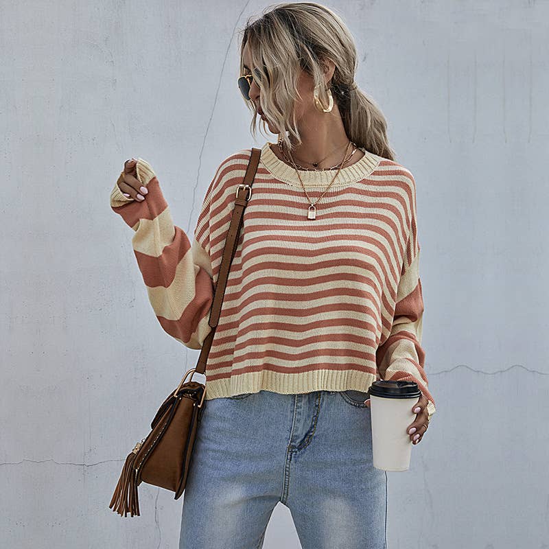 Round-neck short striped loose knitted sweater