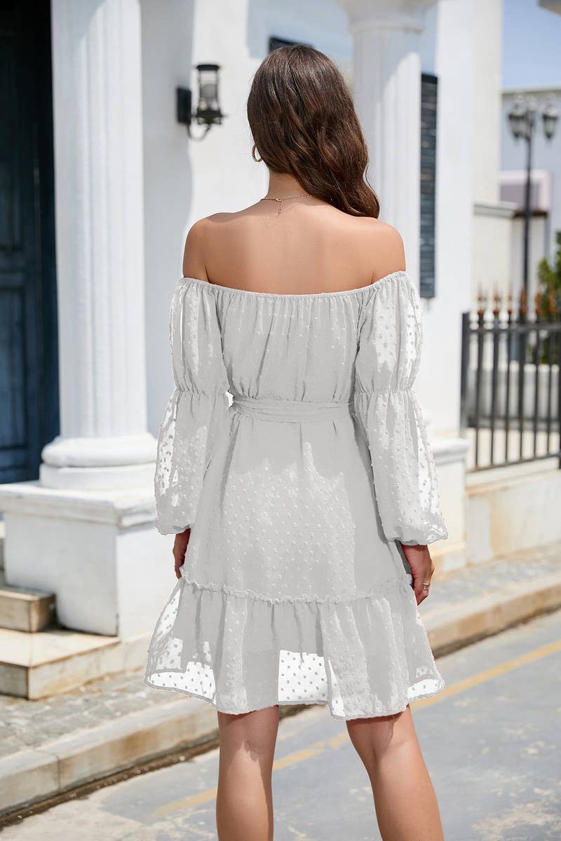 CWDSD8400_OFF SHOULDER POM POM CHIFFON BELTED DRESS