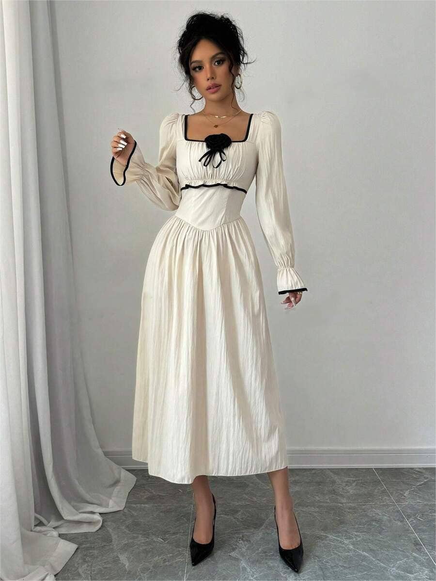 SQUARE COLLAR FLARED SLEEVE FLORAL CONTRAST DRESS