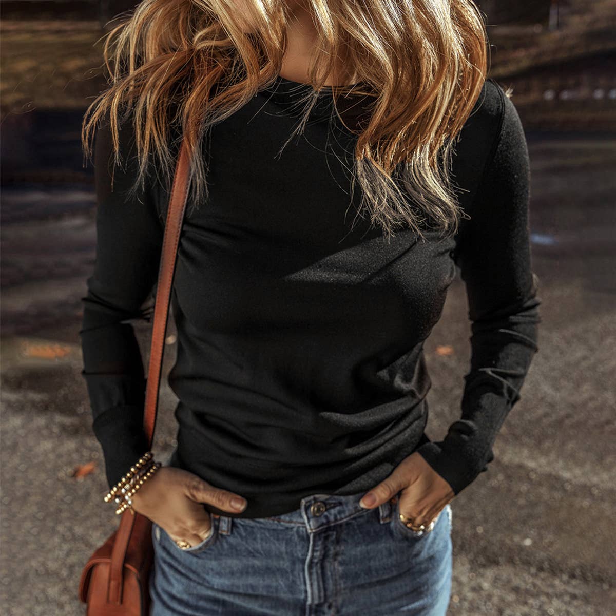 SIMPLE PULLOVER ROUND NECK LONG SLEEVE BLOUSE