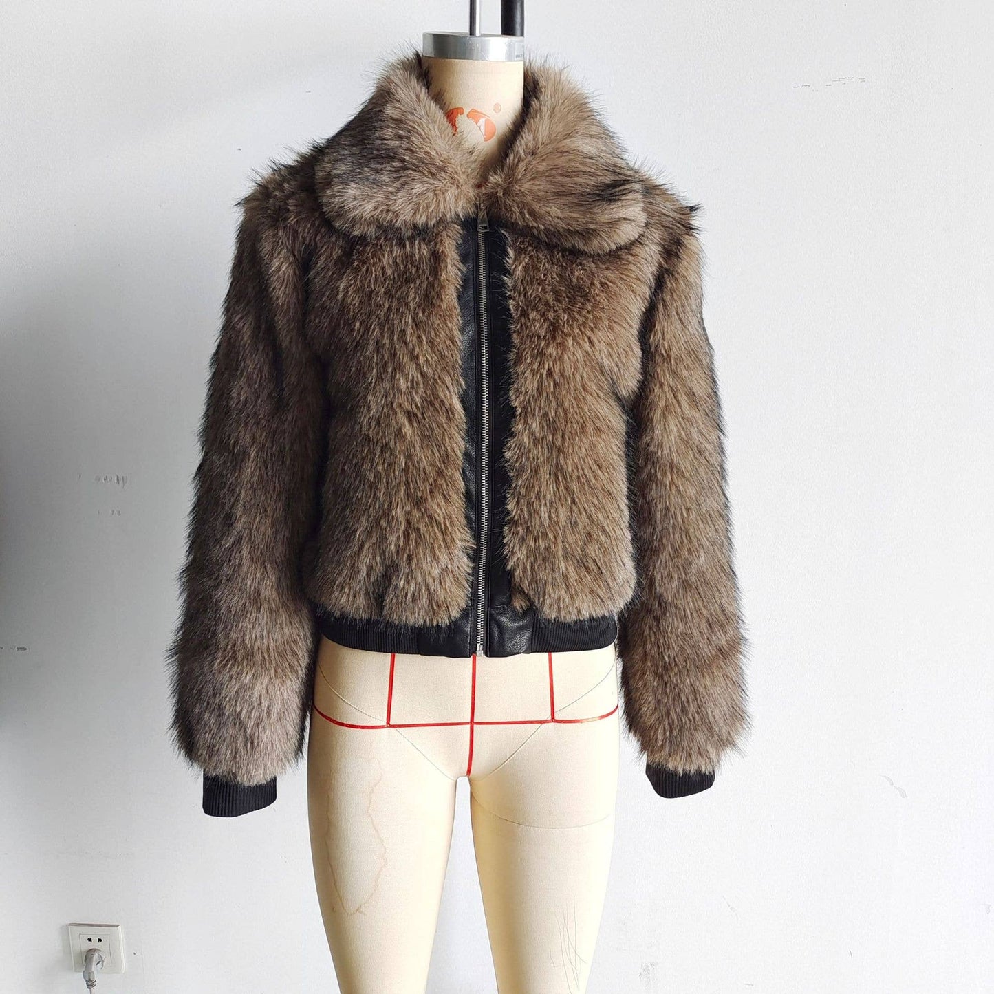 Lapel long-sleeved faux fur patchwork jacket