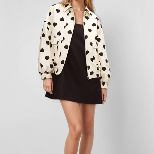 FASHION LOVE PRINT LAPEL ZIPPER CARDIGAN COAT