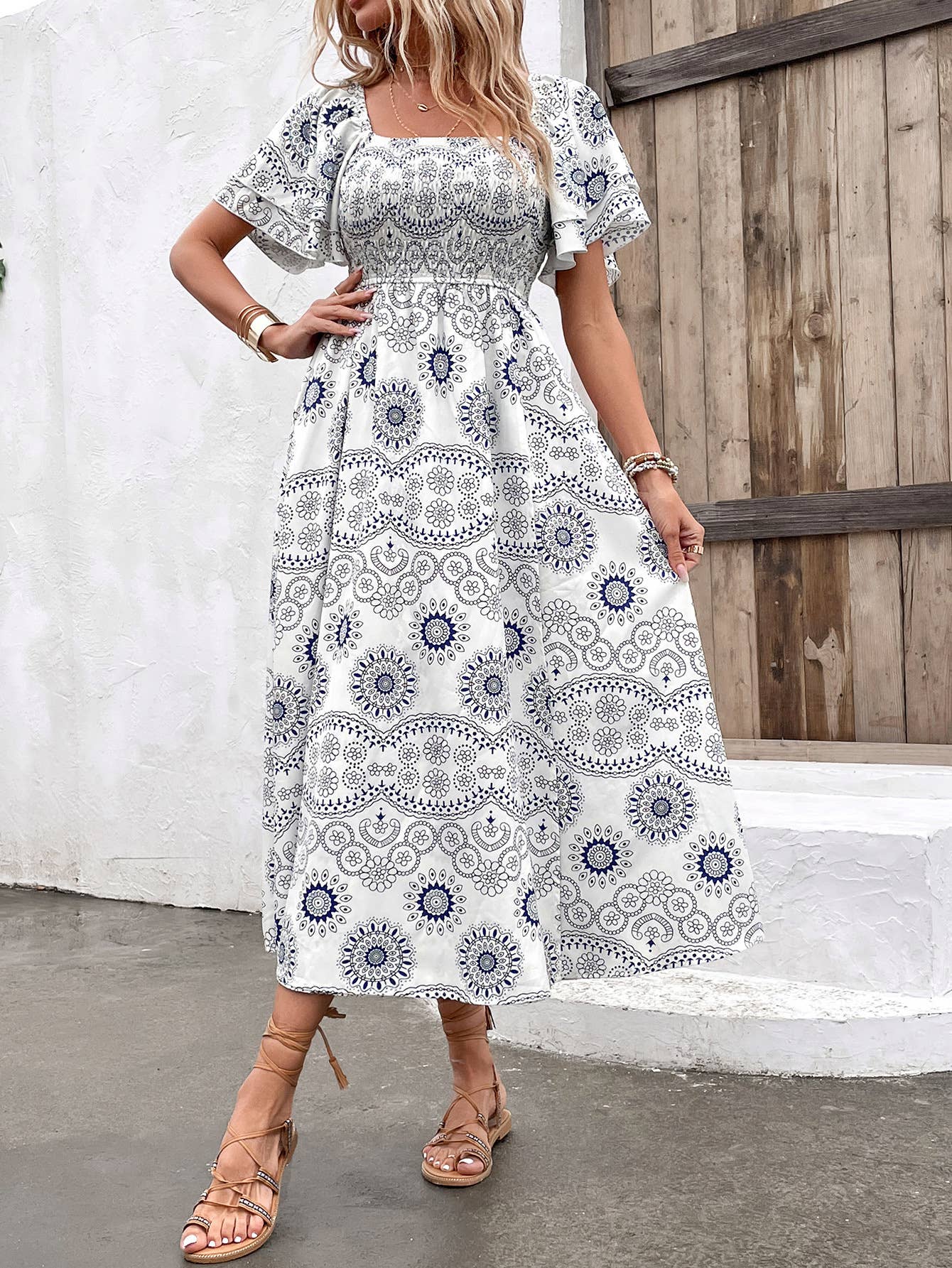 Printed square neck high-waisted split dress