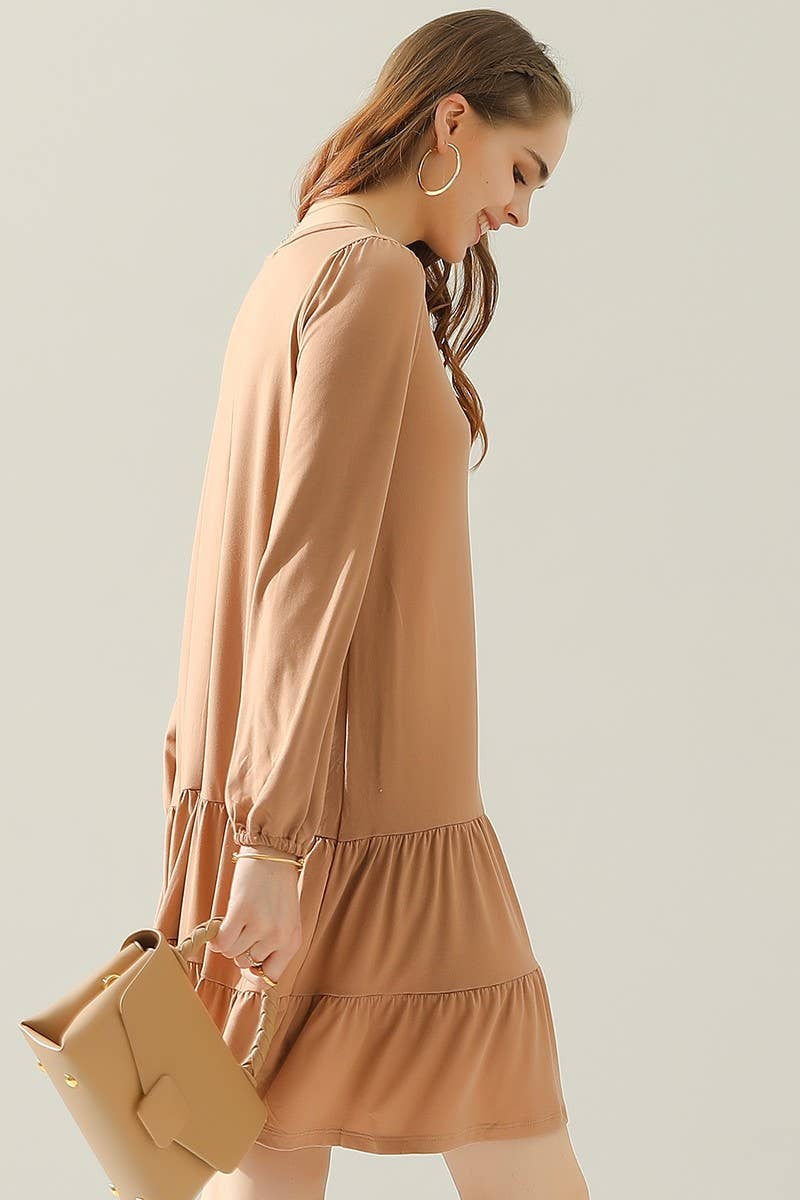 CWDSD10411_SHRRING LAYERED HEM DRESS WITH LONG SLEEVE