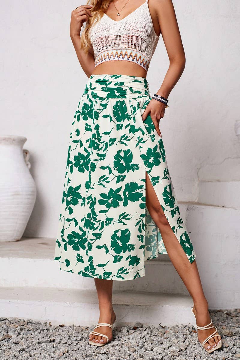 CWBMS0432_FLORAL RUCHED CASUAL SUMMER MIDI SKIRT