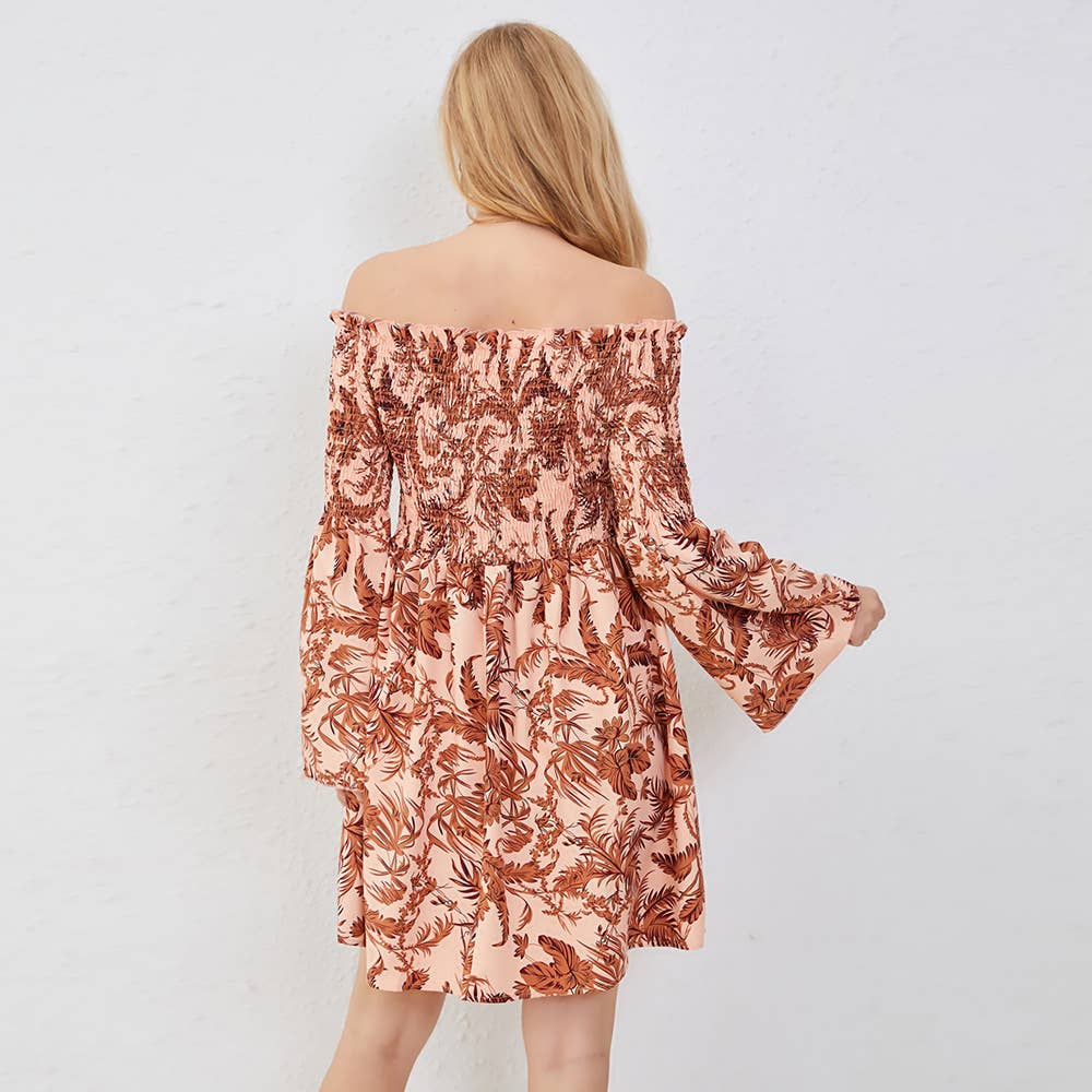 Off Shoulder Printed Dress with Flared Sleeves