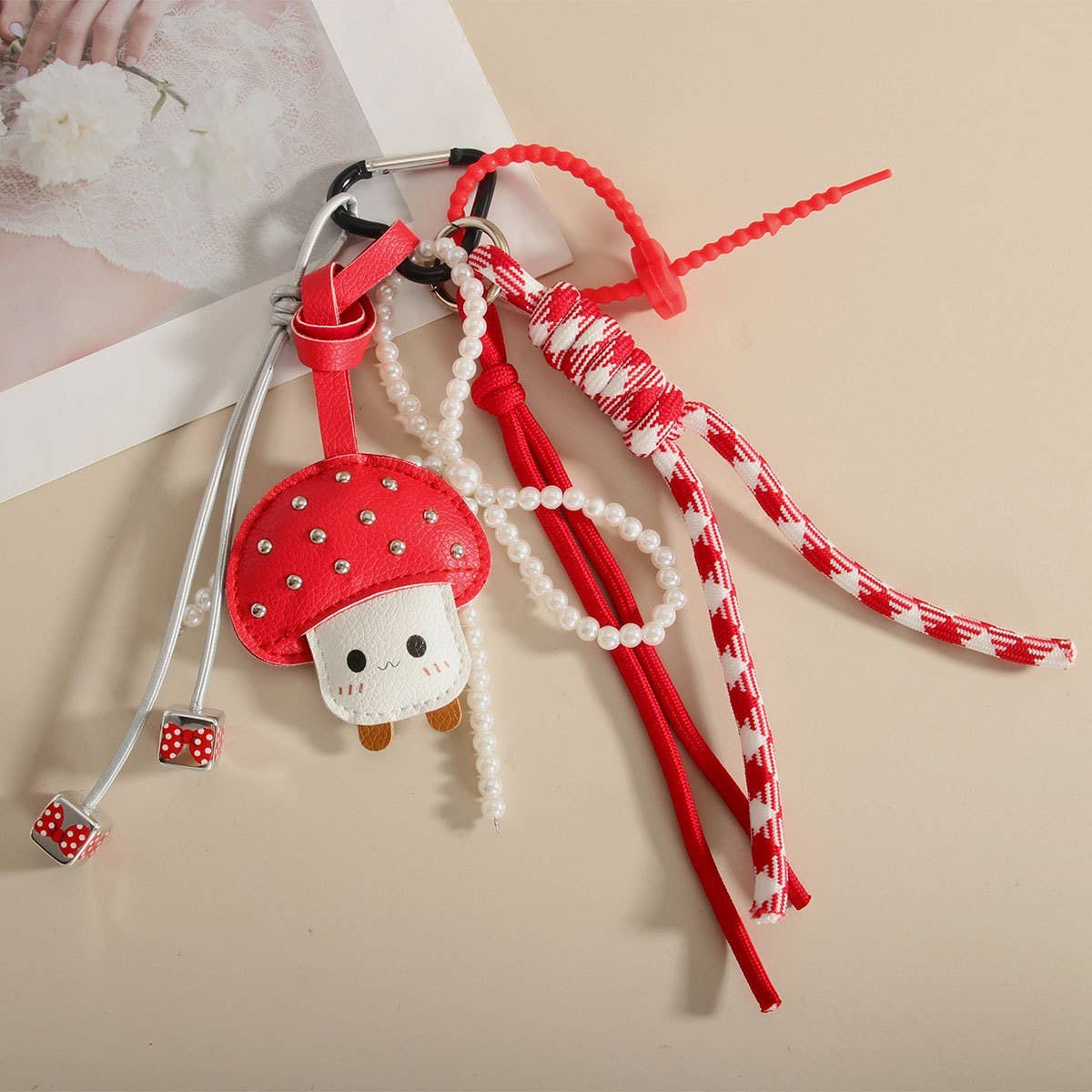 Cute Mushroom Pearl Bow Keychain Bag Charm