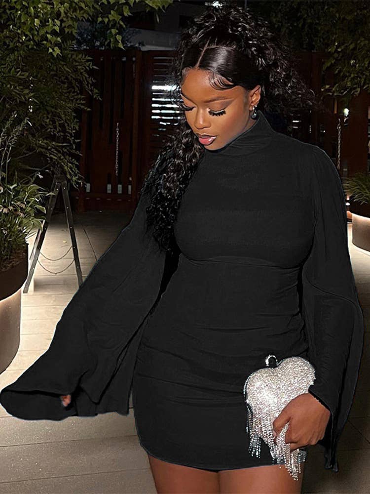 STYLISH TURTLENECK SOLID COLOR WRAP HIP DRESS