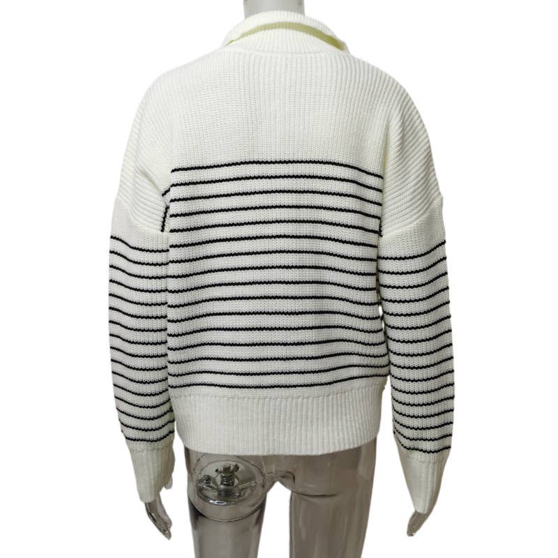 Simple striped lapel half-zipper sweater