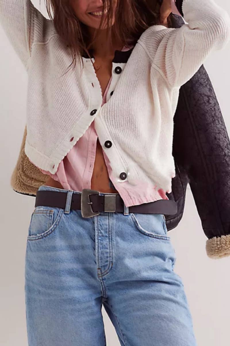 CWOCAL1825_COLOR CONTRAST SHORT BUTTON UP SWEATER CARDIGAN