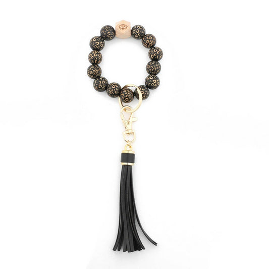Leopard Wood Bead Bracelet Keychain with Tassel