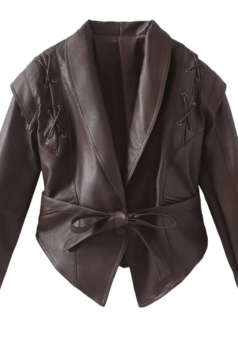 CWOCO1063_VINTAGE CASUAL LACE-UP FAUX LEATHER JACKET