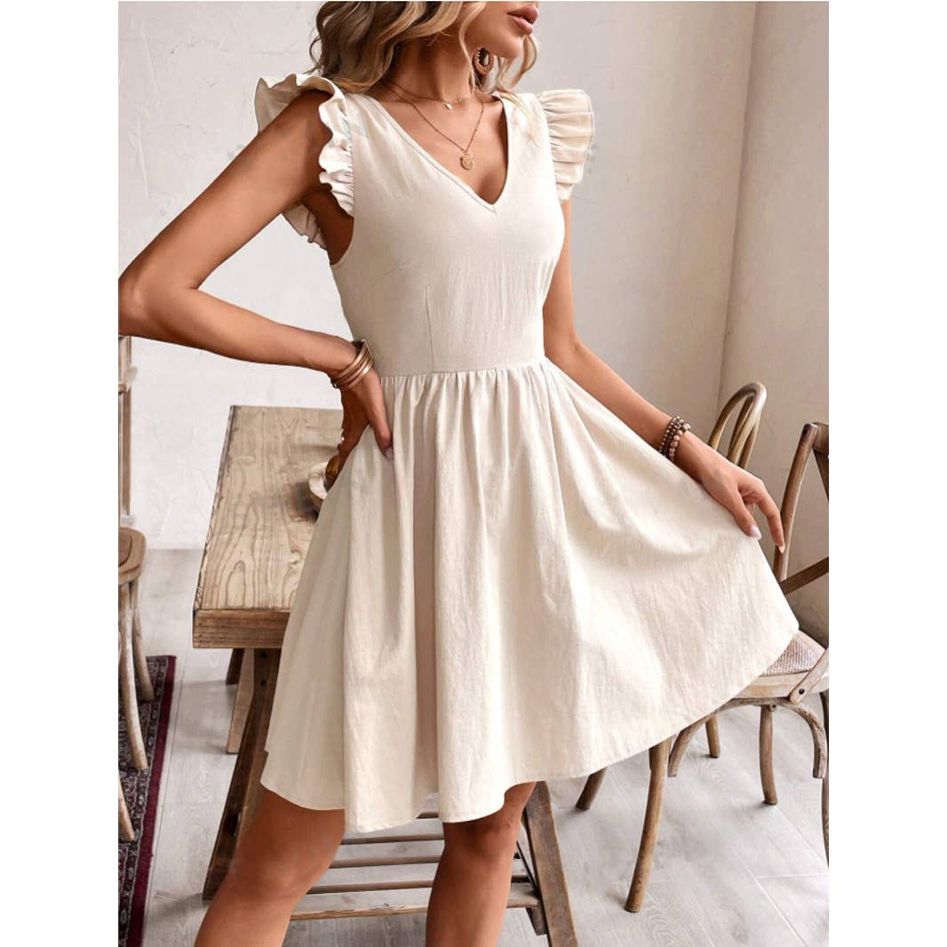 Backless ruffled solid-color cinched-waist dress