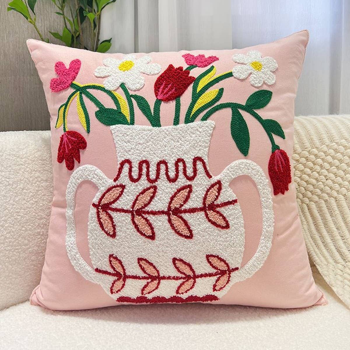 Tulip Embroidered Cute Pillow Cover for Bed & Sofa